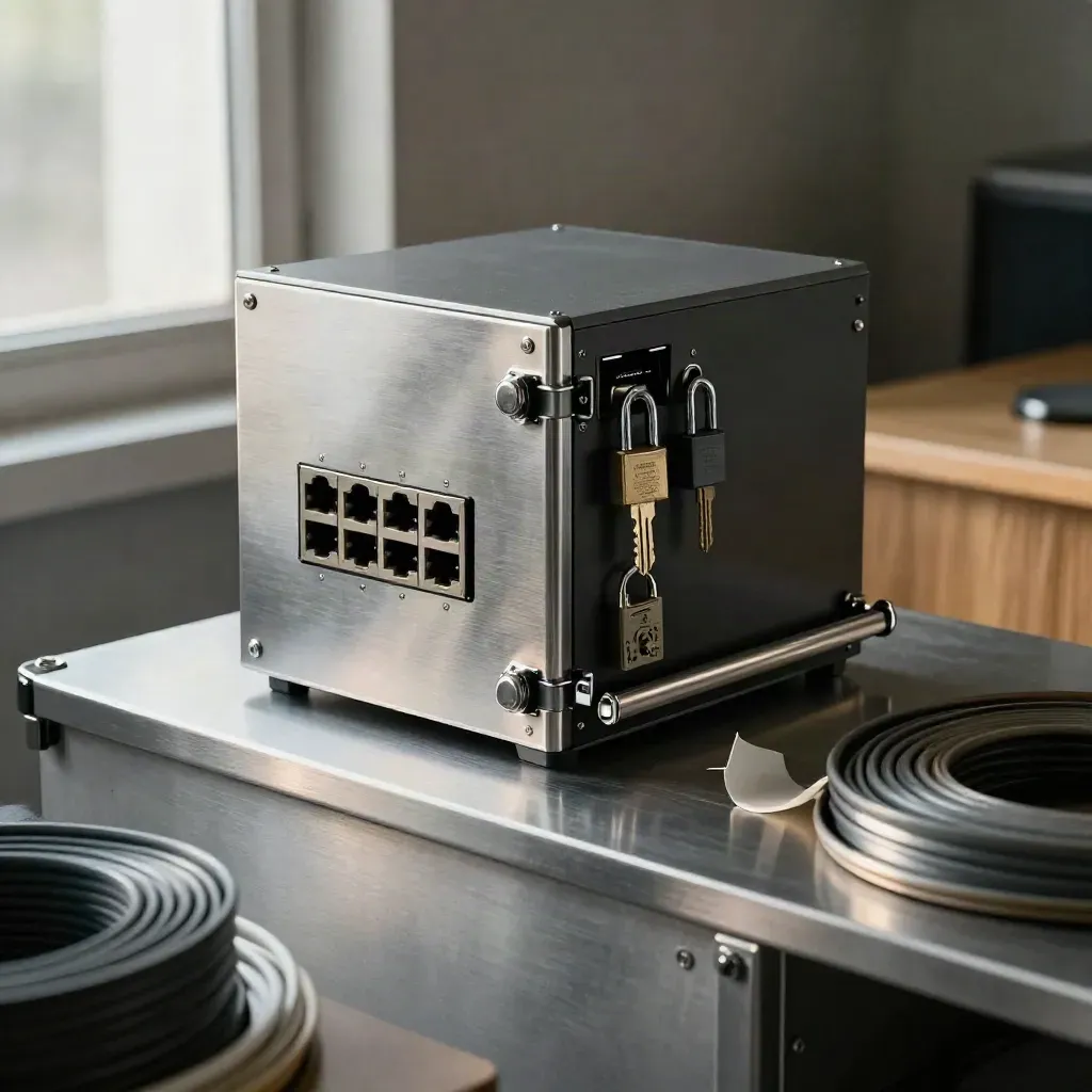 Firewall-Appliance mit Sicherheitsschlüsseln und Portblockern auf Stahlwerkbank
