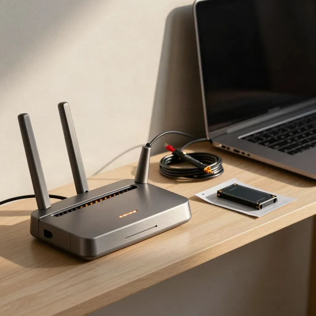 IT-Check auf Regalfach mit Router, Laptop, SSDs und Kabeltester im warmen Licht