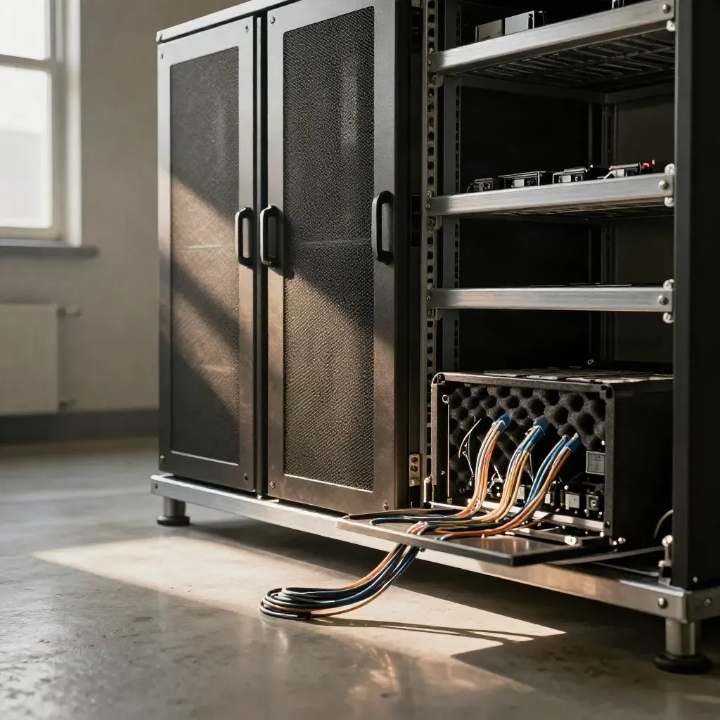 Servertürme, SSDs und Glasfaserkabel in einem kühlen Technikraum