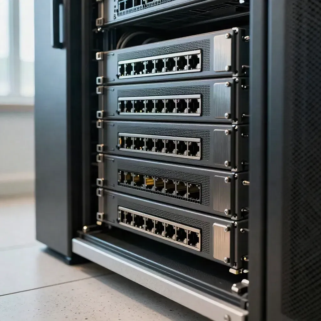 Hosting-Rack in einer dunklen Servernische mit sanftem blauem LED-Glanz.