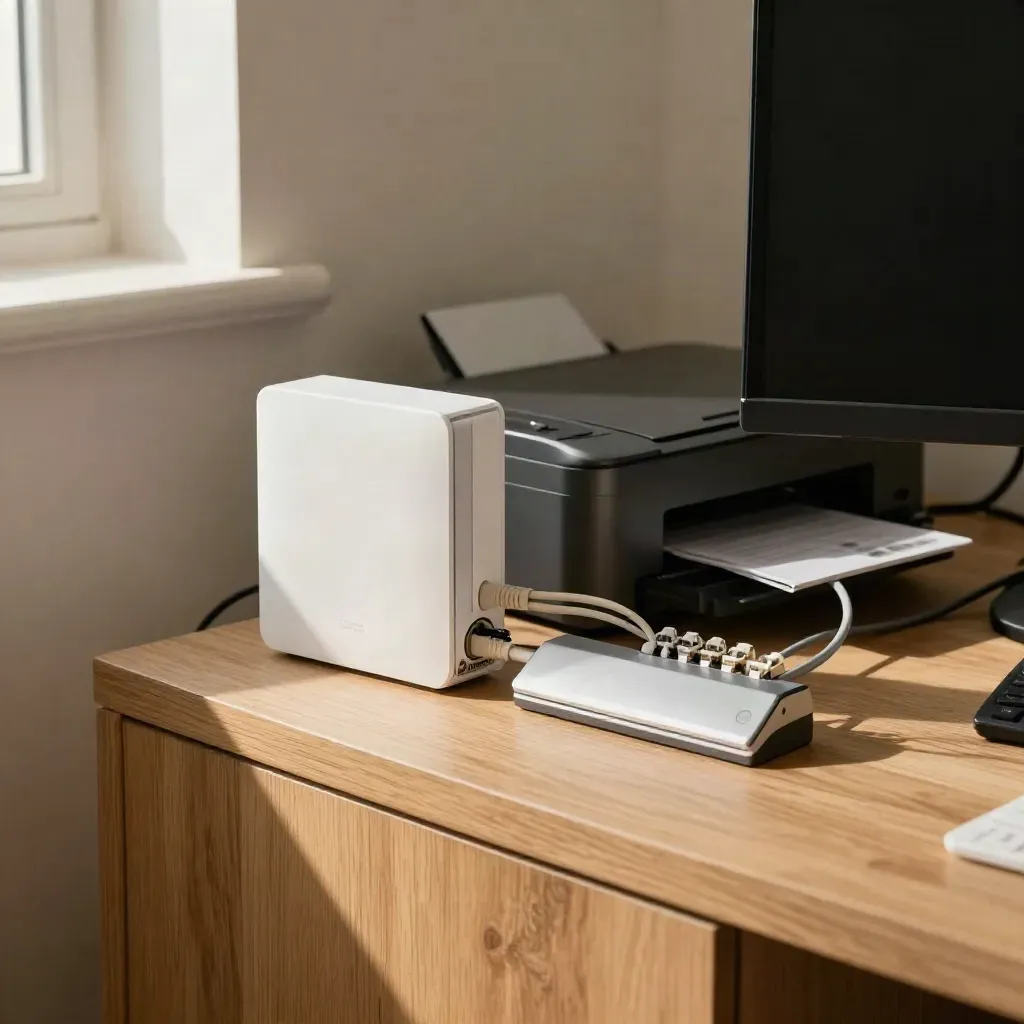 Tidige Netzwerk-Ecke im Büro mit Switch, Access Point, Druckerfuß und Monitor im warmen Fensterlicht.