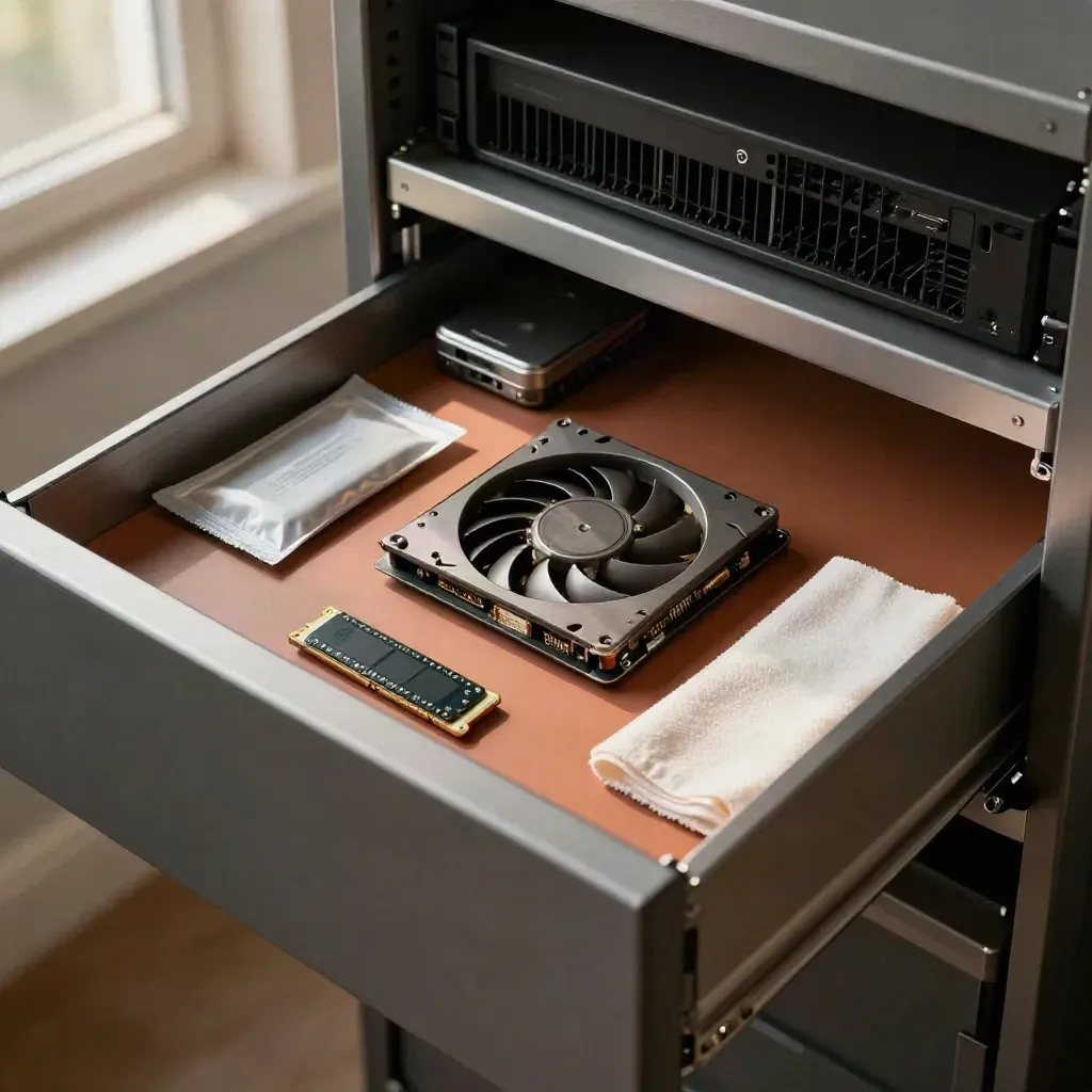 Serverfach mit Lüftermodul, Ventpanel, SSD und Wartungsset in warmem Licht.