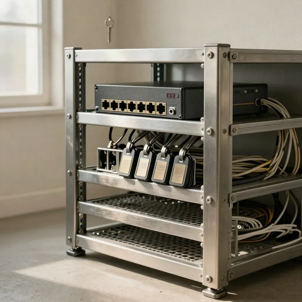 Serverrack mit versiegelten Ports und geschlossener Firewall in kühlem Licht