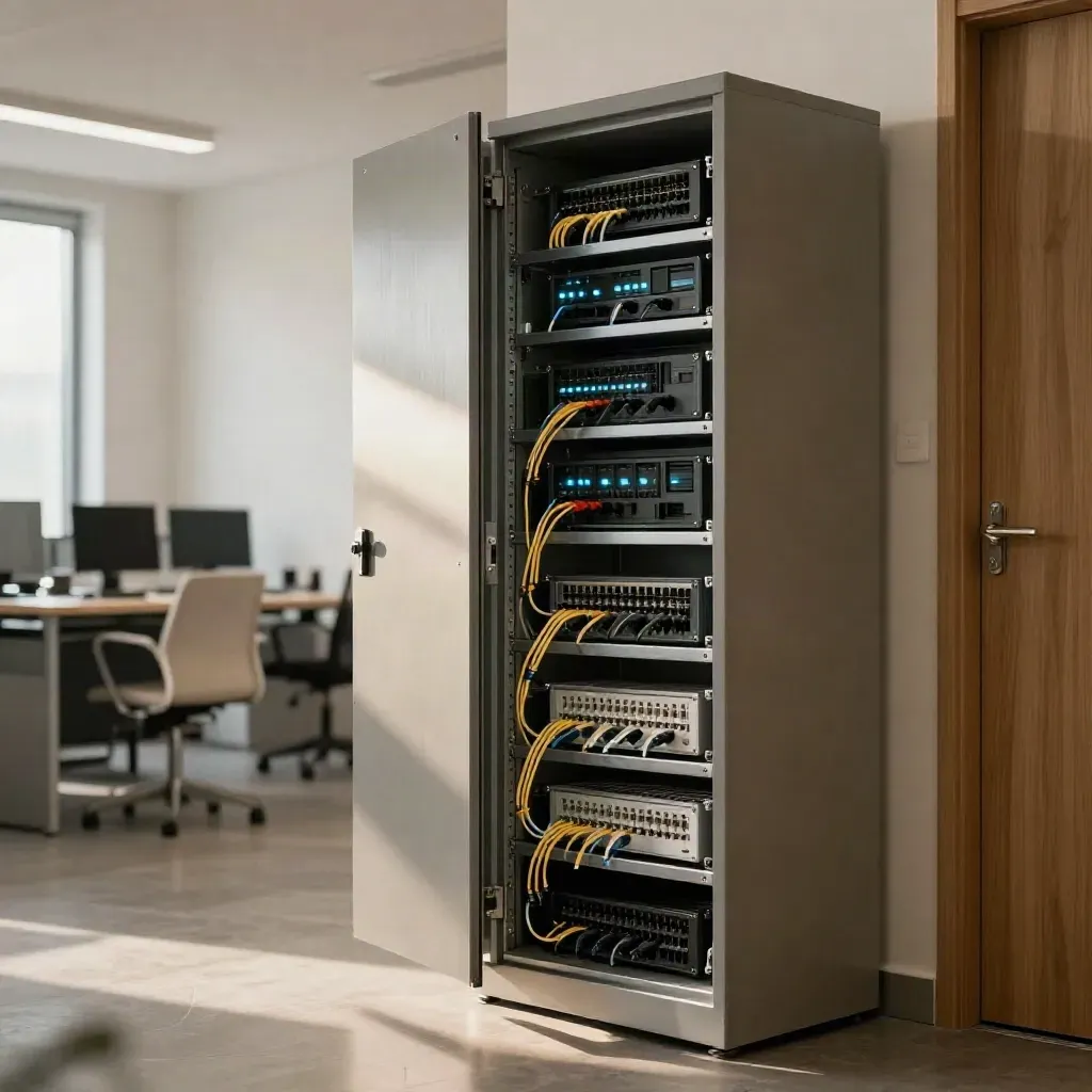 Restaurierter IT-Schrank mit leuchtenden Status-LEDs im warmen Morgenlicht