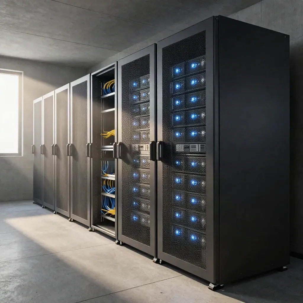 Serverraum mit zwei Racks, USV und Dockingstationen in dramatischem Licht