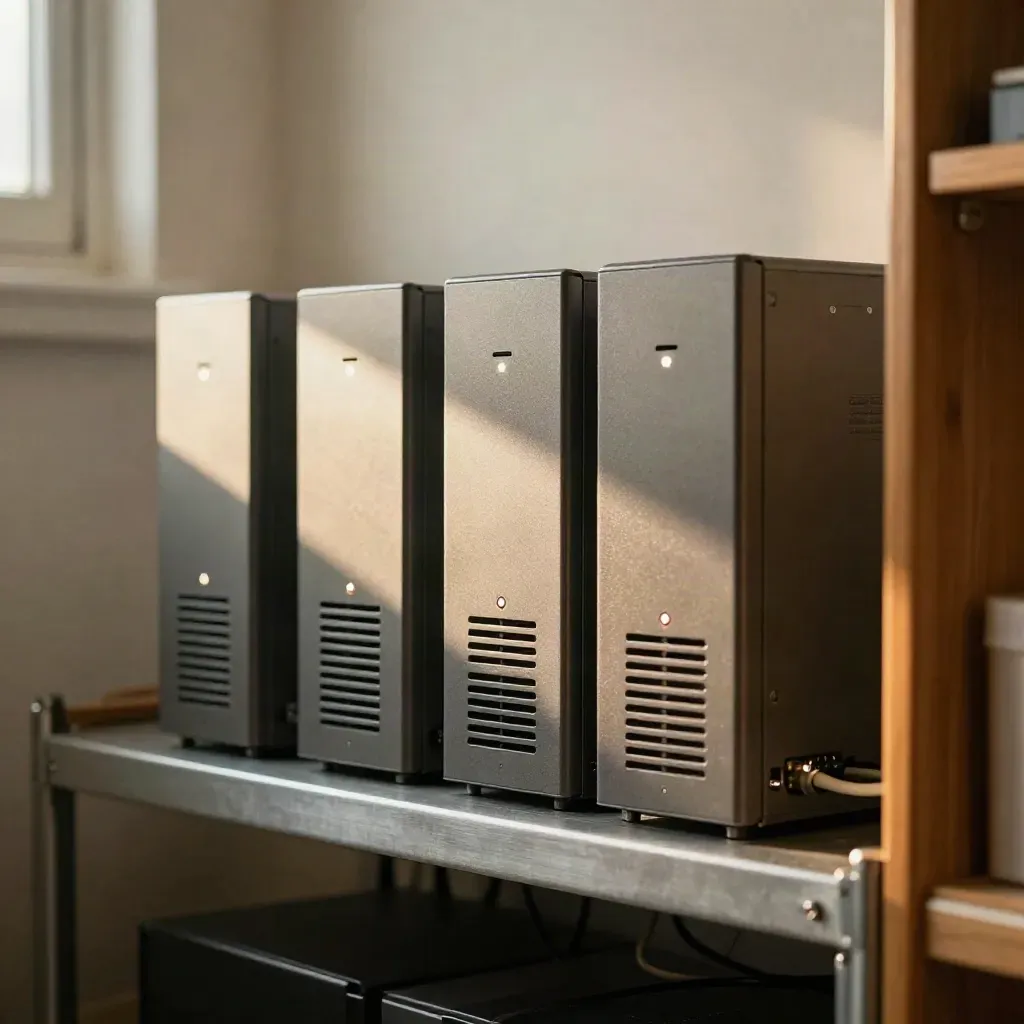 Drei Gateway-Appliances und Switch im warmen Serverregal eines Schweizer Büros.