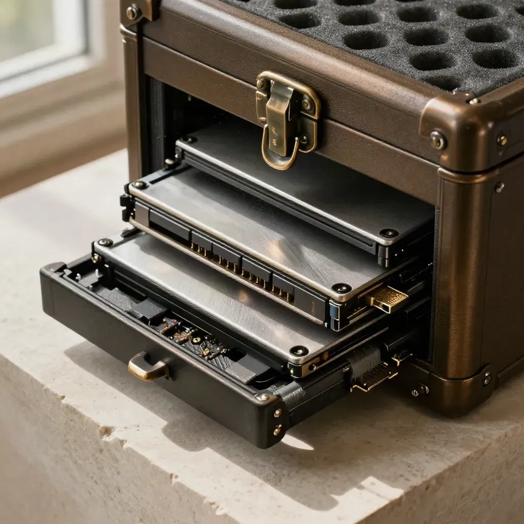 Überkopf-Makro von SSDs und Backup-Laufwerken im verschlossenen Archivcase auf hellem Stein.