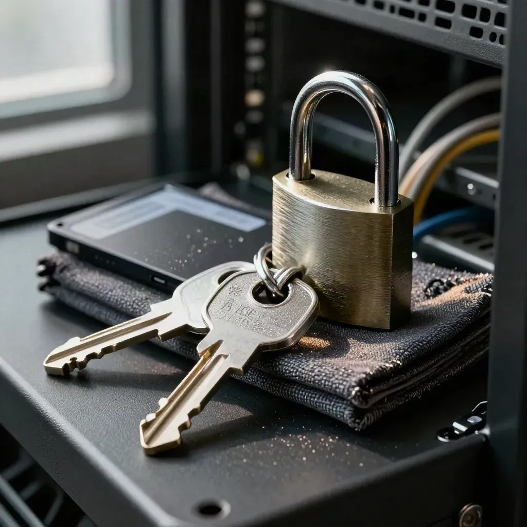 Hardware-Sicherheitsschlüssel, Siegel und SSD auf graphitfarbenem Stoff im Makrolicht