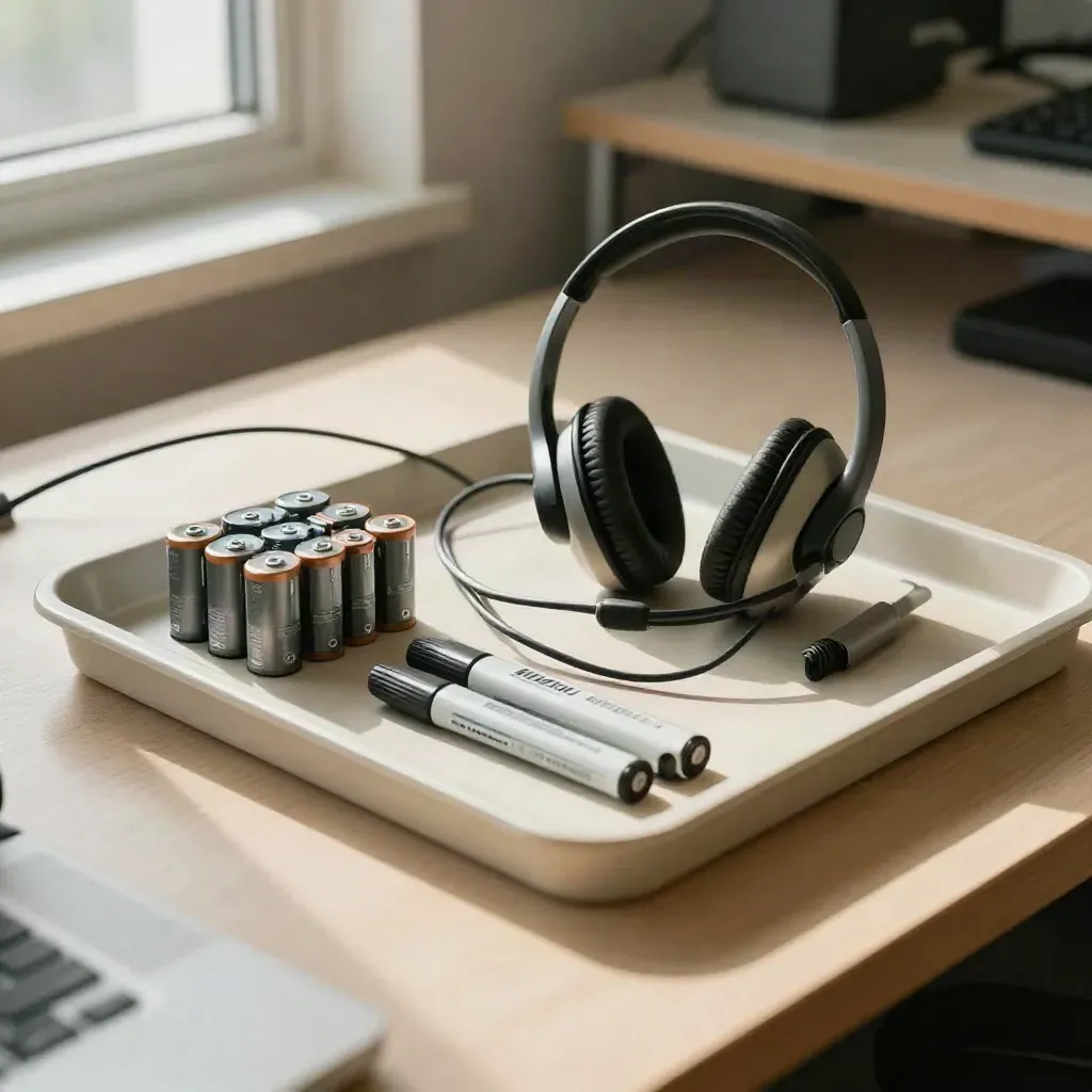 Dispatch-Tray mit Headsetbasis, Batterien und Funkgerät auf hellem Holz.