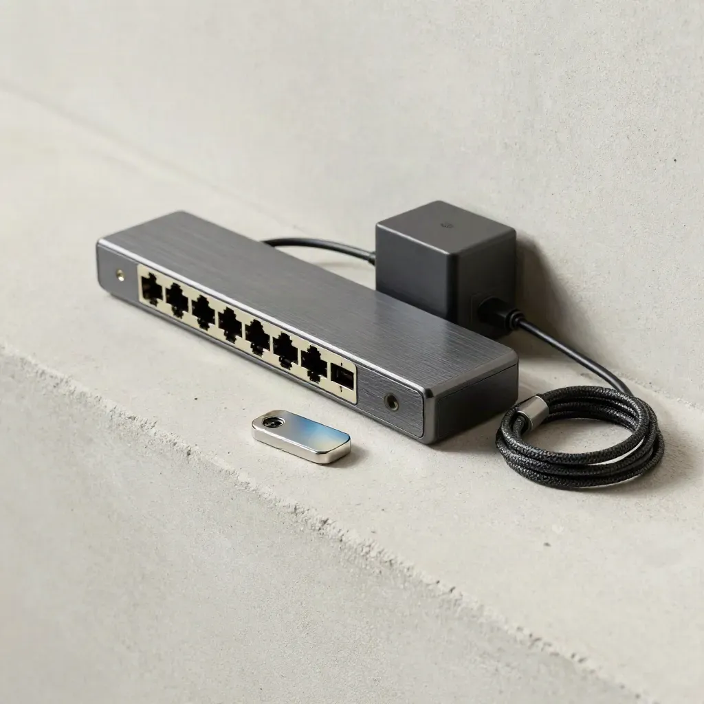 Netzwerk-Switch, Netzteil, Token und Kabel auf einer Betonleiste, kühl und präzise