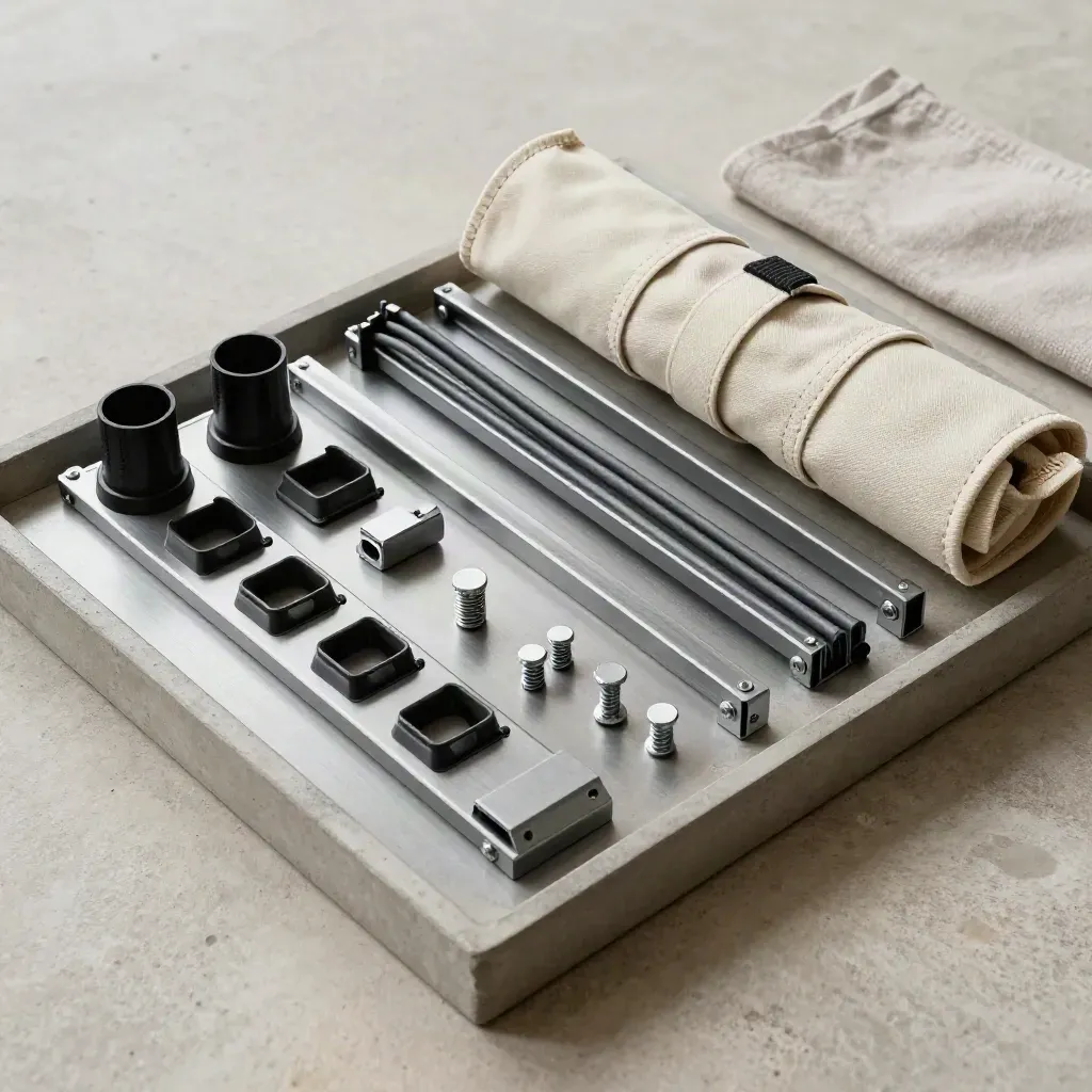 Modulare Rack-Schienen, Patchkabel und Werkzeugrolle auf einer Metallablage, von oben fotografiert.