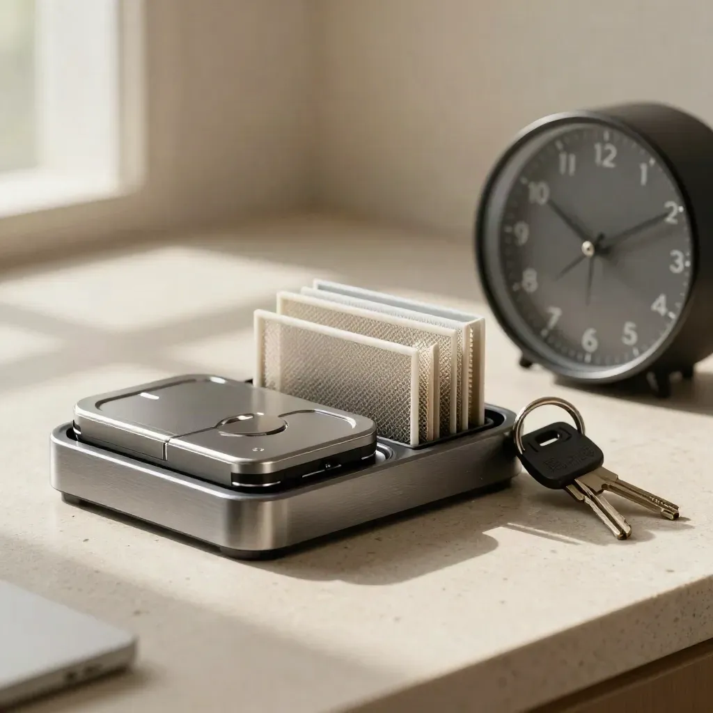Backup-Docks, Filter, Schlüssel und Uhr auf hellem Stein bei weichem Seitenlicht.