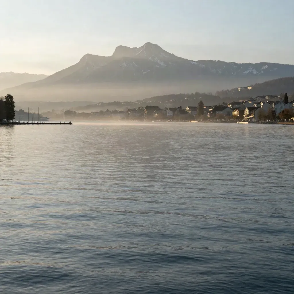 Blick über den Zürichsee mit Stadtrücken und Uetliberg im Morgenhaze.