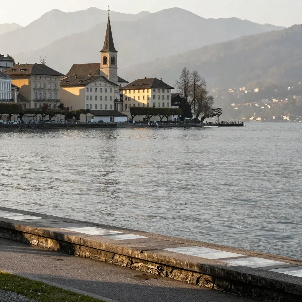 Luzerner Seeufer mit Kapellrooftop, Berge hoch im Bild und ruhiges Wasser unten im warmen Licht
