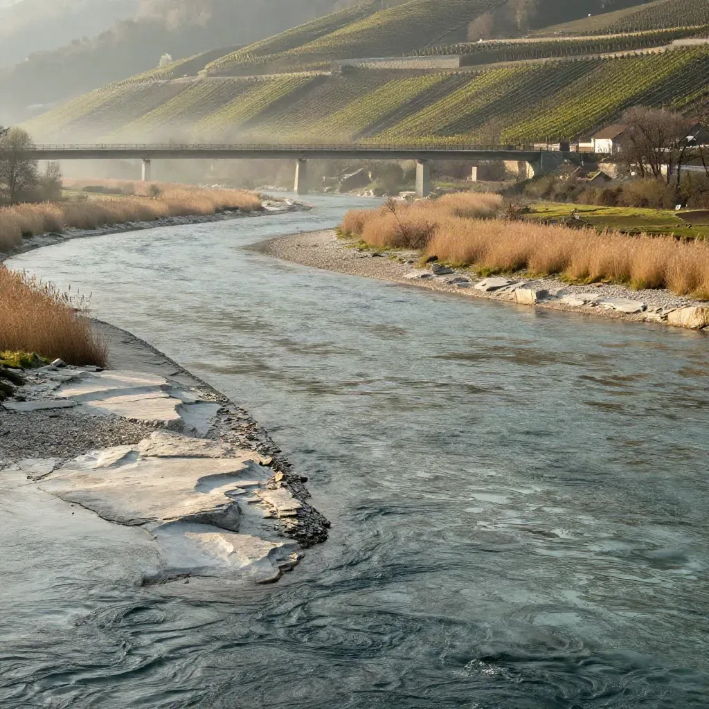 Aare-Flussbiegung mit Brücke und Weinberg im Morgennebel, Aargau.