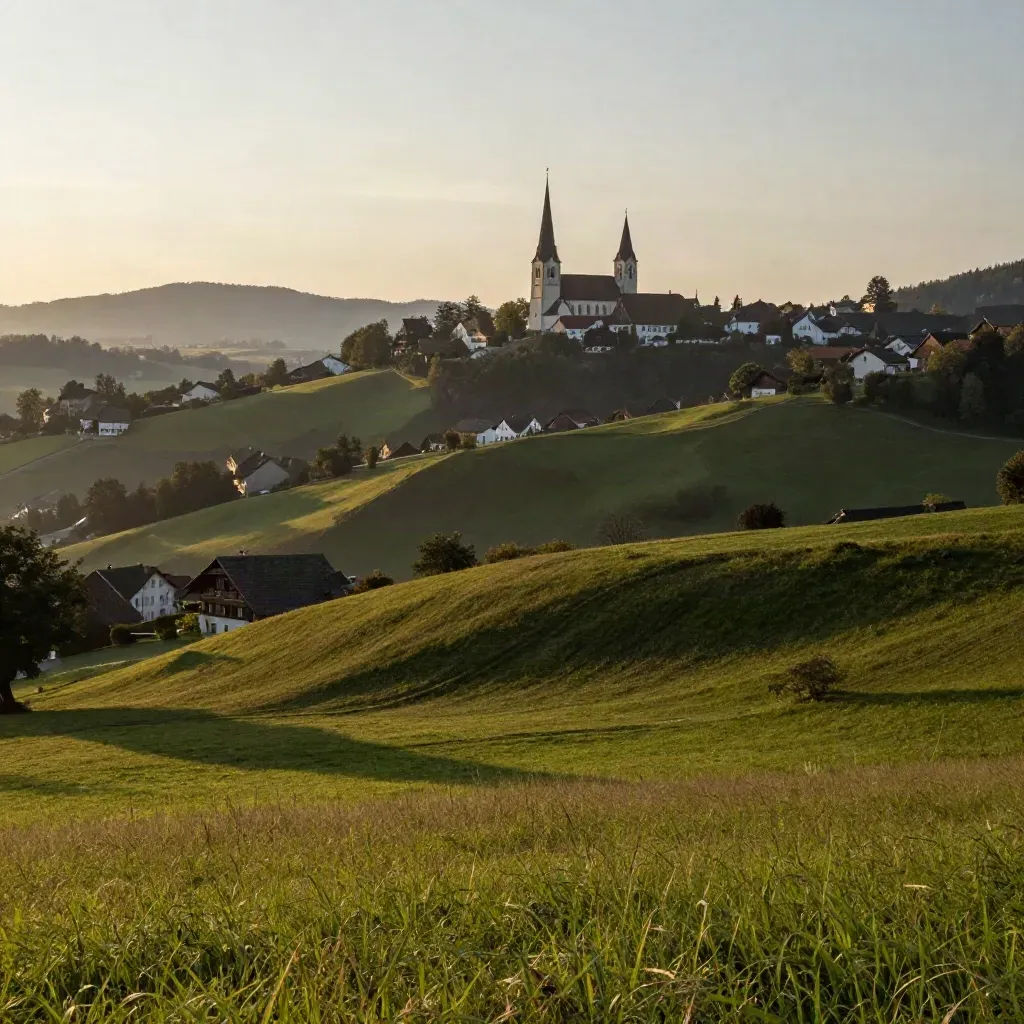 Sanfte Hügellandschaft der Ostschweiz mit St. Galler Dächern und warmem Abendlicht.